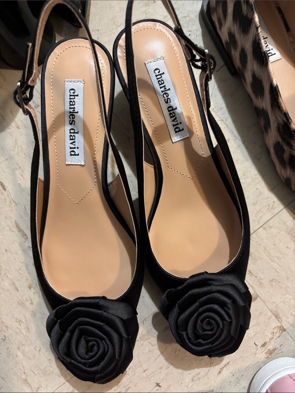 Charles David Black Satin Slingback Flats with Rosette Toe